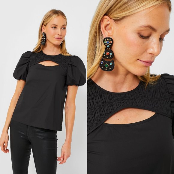 Tuckernuck Women's Hyacinth House Black Puff Sleeve Zipper Top Cotton Blend XXS NWT